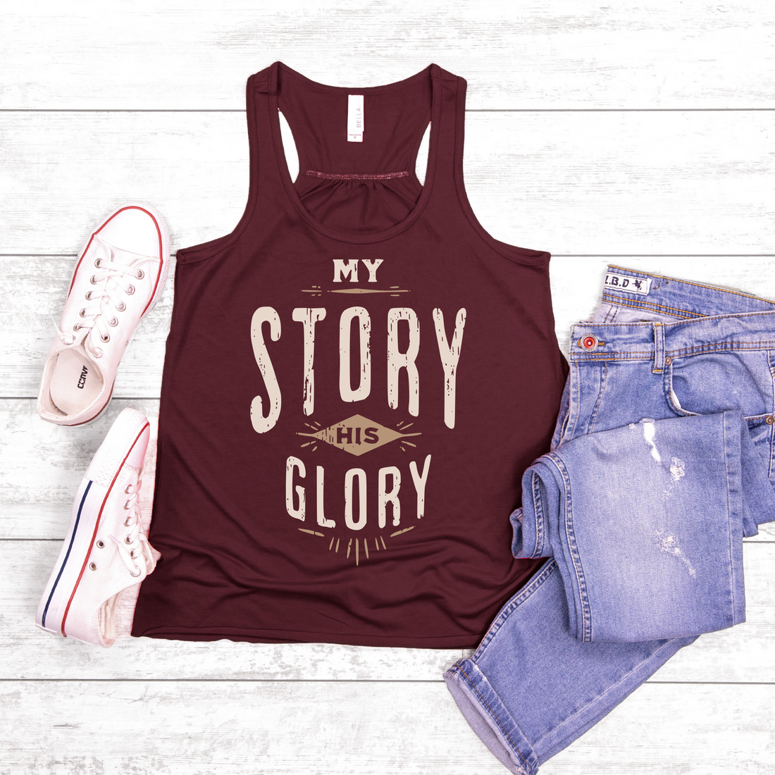 My Story His Glory Women’s Flowy Racerback Tank
