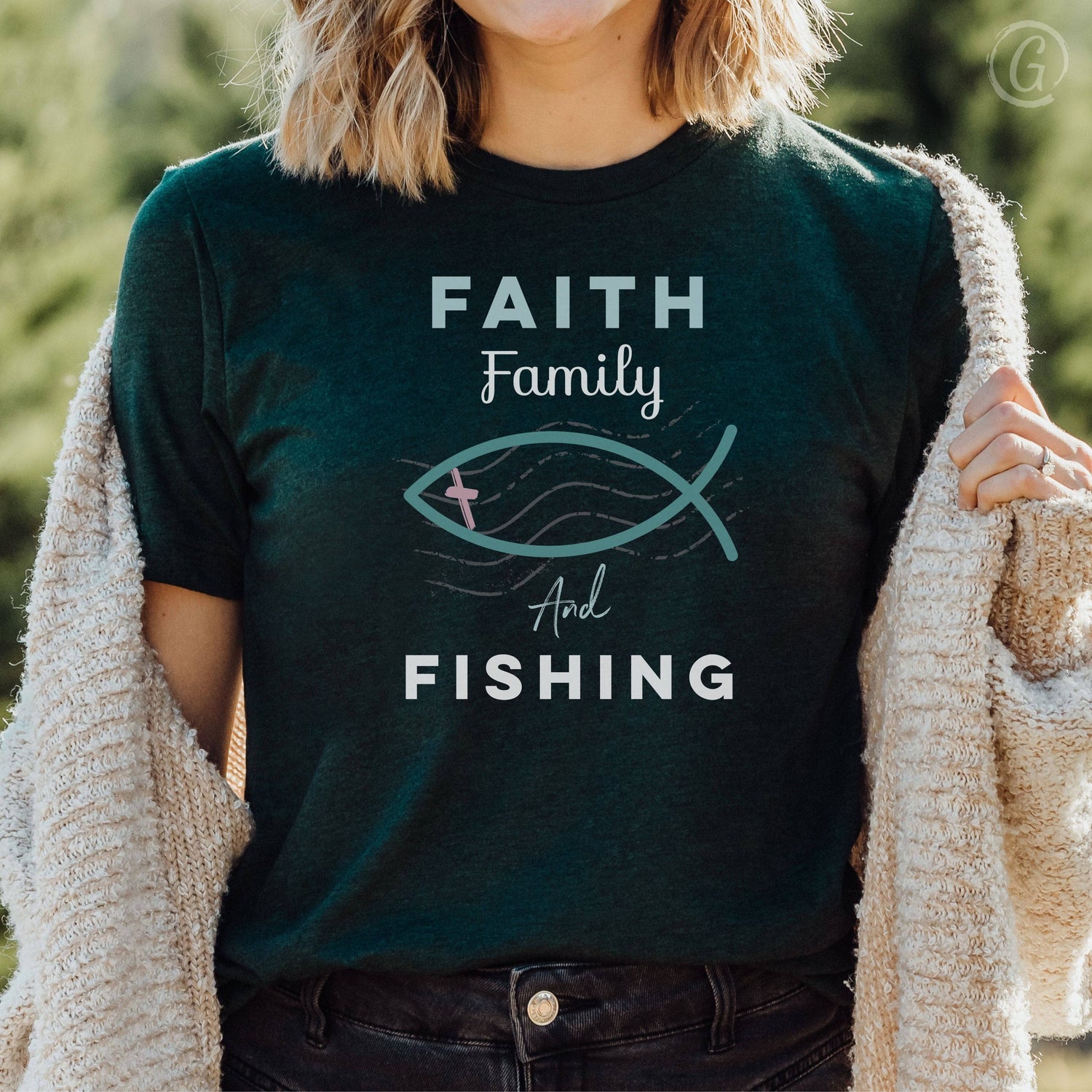 Faith Family And Fishing Unisex T-Shirt Emerald Heather