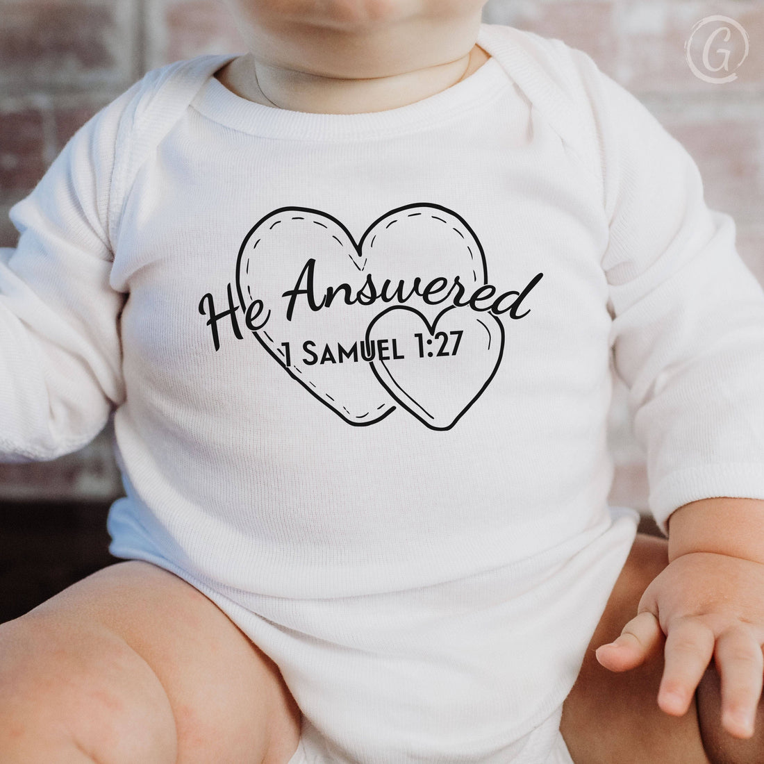 He Answered Long-Sleeve Baby Onesie White