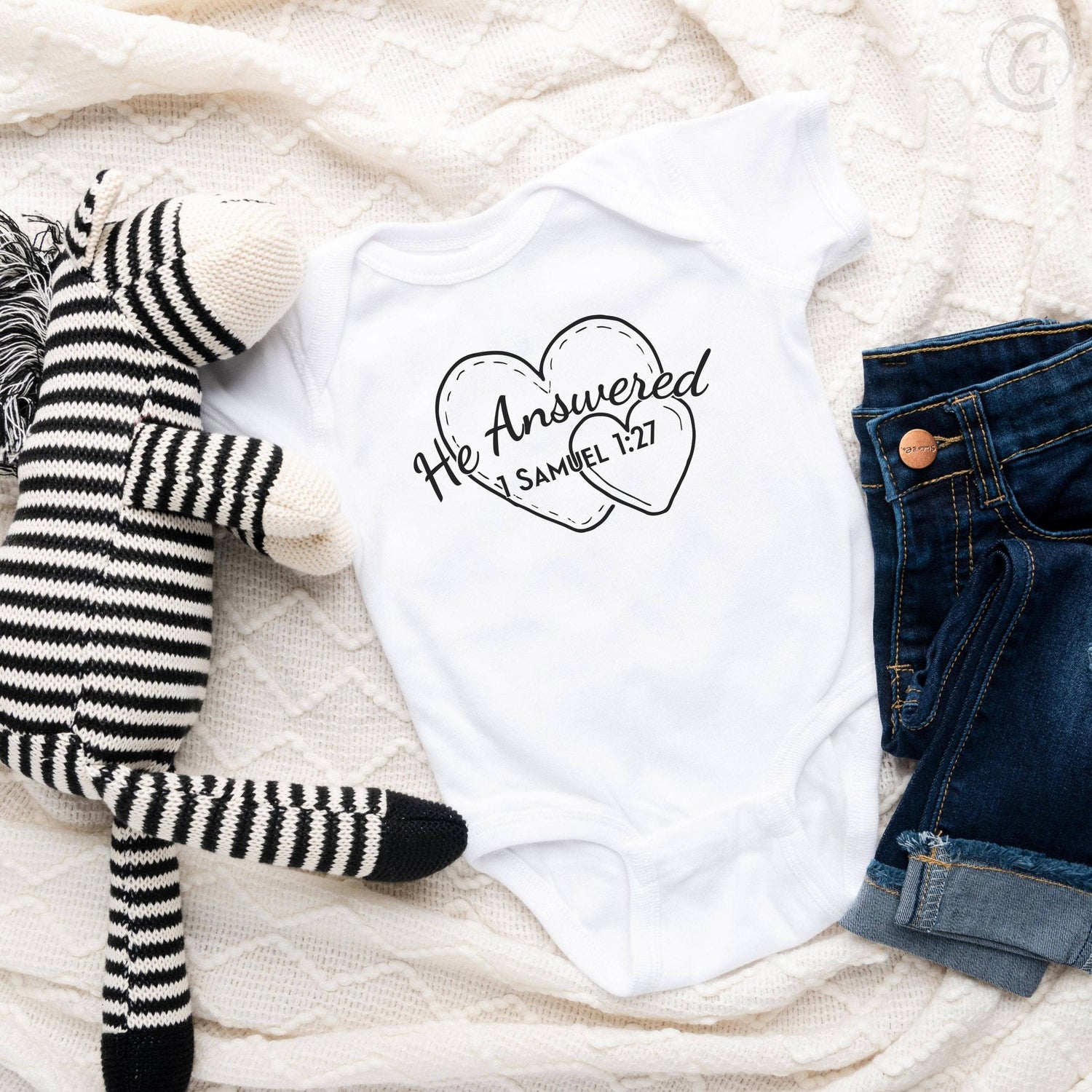 He Answered Short-Sleeve Baby Onesie White