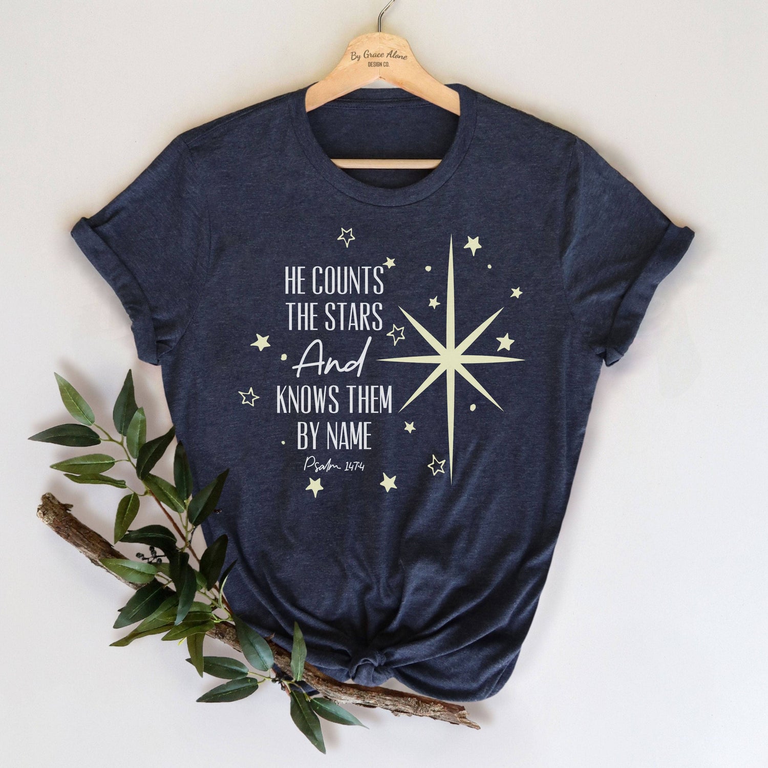 He Counts The Stars and Calls Them By Name Psalm 147:4 Unisex T-Shirt Heathers Heather Midnight Navy