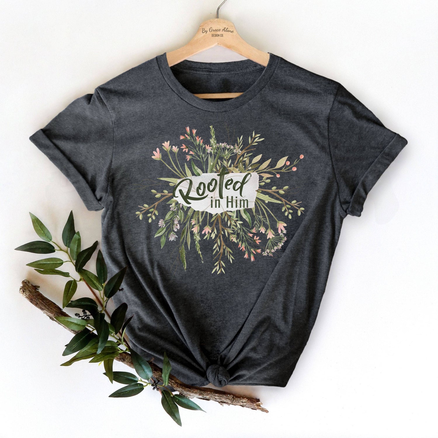 Rooted In Him Unisex T-Shirt Heathers Dark Grey Heather
