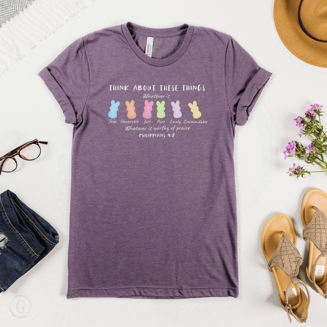 Think About These Things Philippians 4:8 Unisex T-Shirt Heathers Heather Purple