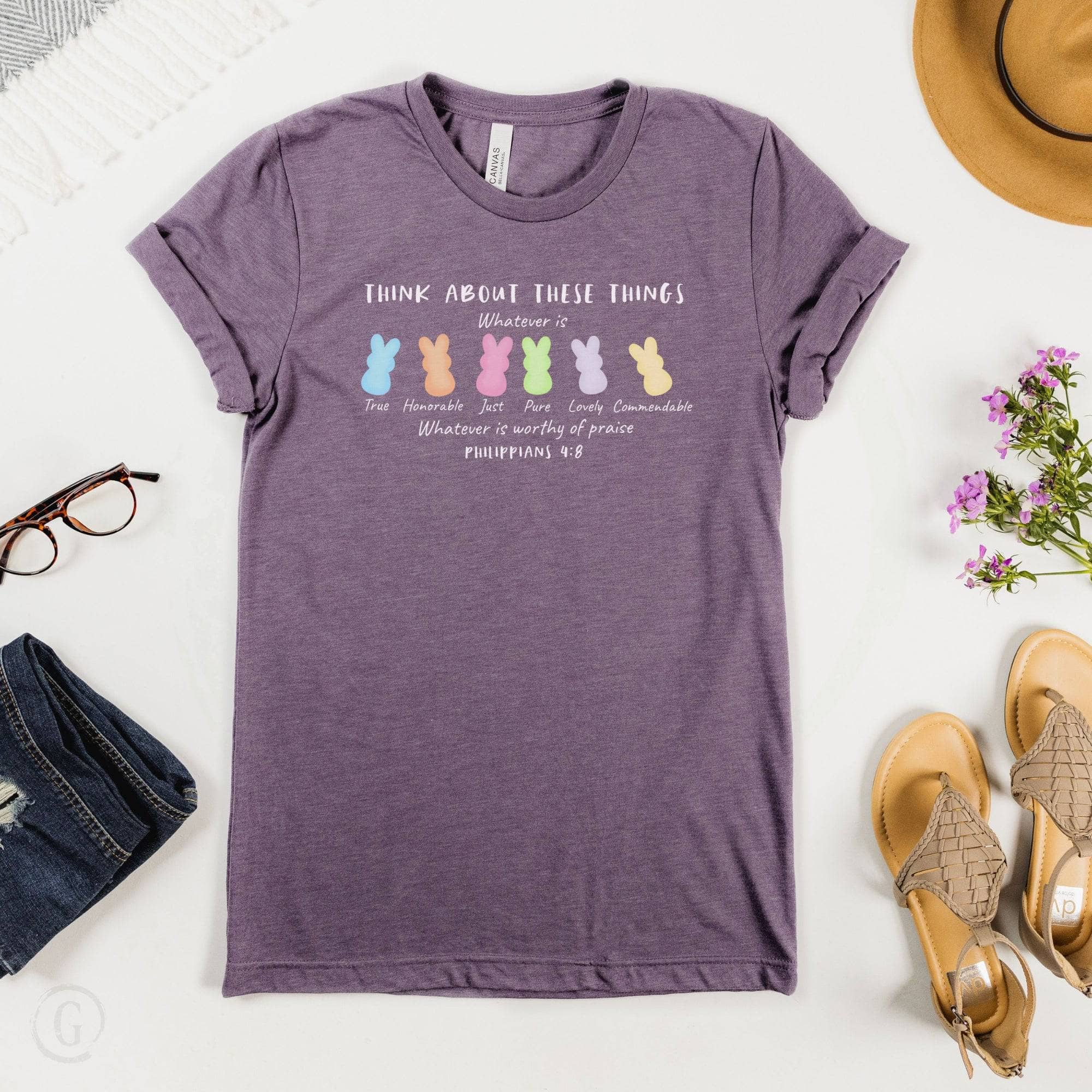 Think About These Things Philippians 4:8 Unisex T-Shirt Heathers Heather Purple